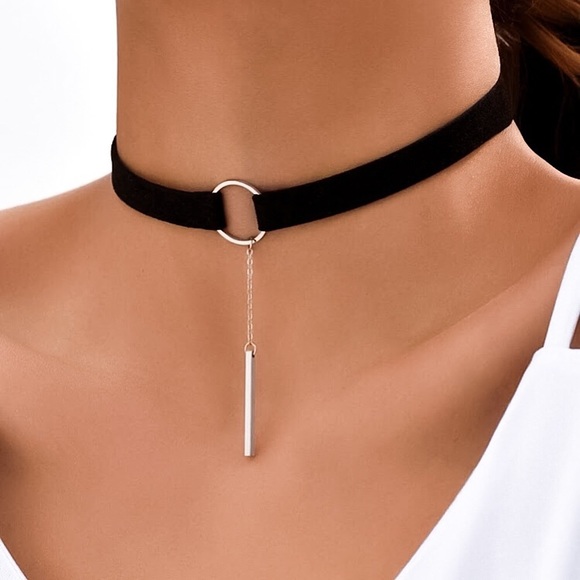 🔵𝟲𝟱%𝗢𝗙𝗙 𝗯𝘂𝗻𝗱𝗹𝗲𝘀 𝟯+🔵 New Silver Bar Minimalist Black Drop Choker - Picture 1 of 12
